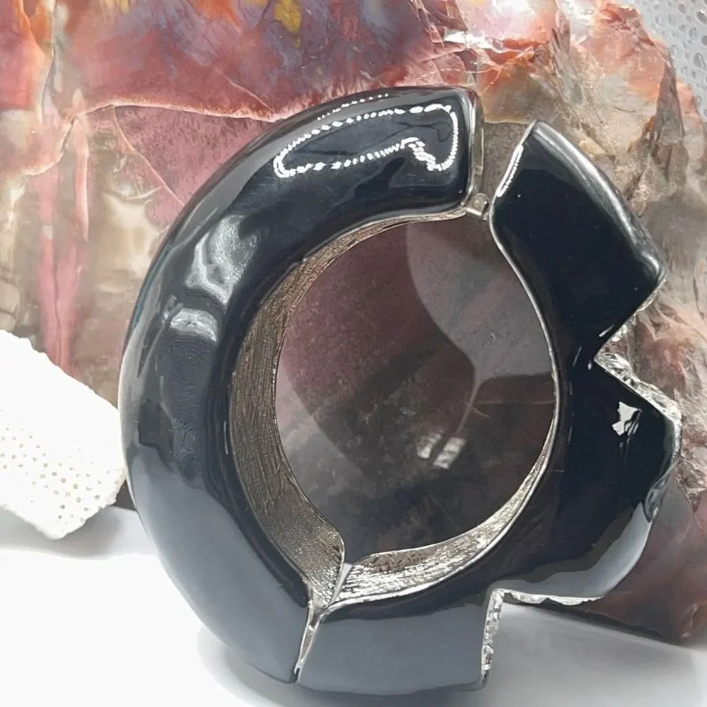 Black & Crystal Inset Dome Hinged Bangle Bracelet - Picture 3 of 13